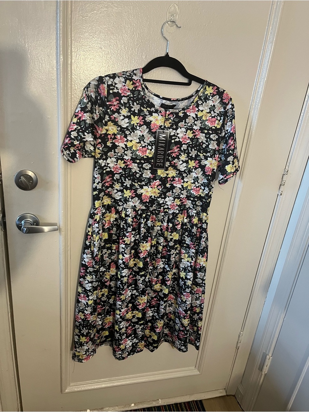 Mikarose Black Floral Short Sleeve Girls Dress with Pink & Yellow Flowers